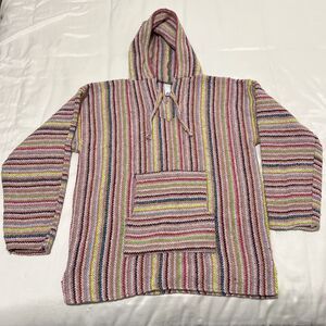 LA MALINCHE Colorful Rainbow WOVEN Drug Rug BAJA STRIPE Surfer MEXICAN HOODIE XL